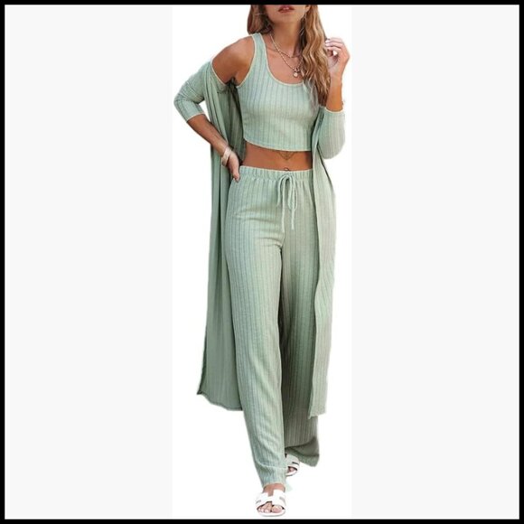 3 Piece Lounge Pajamas Set Women Cardigan Vest Pants Soft Stretchy